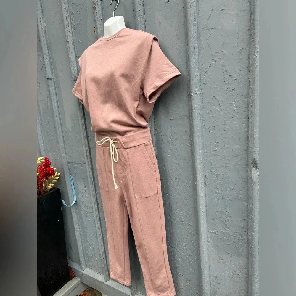 Pistola Clarisse French  Terry Shoulder Pleat Jumpsuit in Cameo Pink, size XS - Picture 9 of 14